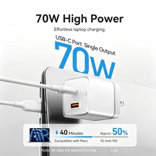 GenesVilla【รองรับ 5～17 Pro Max】GaN 70W MAX Type-C+USB-A หัวชาร์จ สายชาต เครื่องชาร์จแบบพกพา