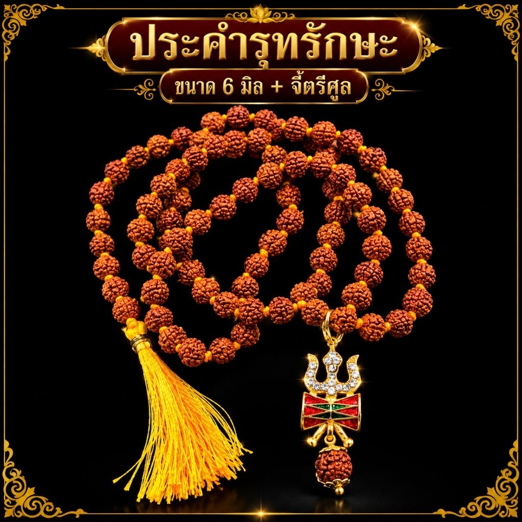A&R Tewa Bucha สร้อยเม็ดน้ำตาพระศิวะ6มิล+จี้ตรีศูลเพ็ชร