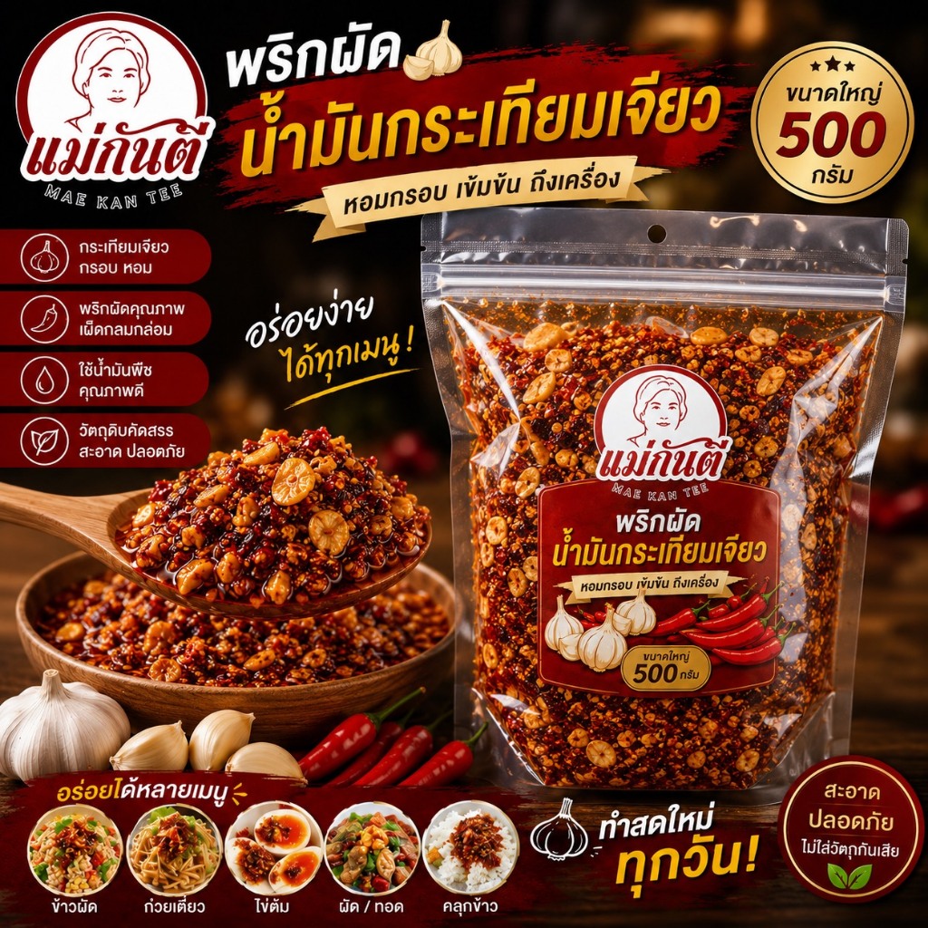 พริกผัดน้ำมันกระเทียมเจียว 500 กรัม ตราแม่กันตี พริกผัด น้ำมันพริก สำหรับก๋วยเตี๋ยว ต้มยำ
