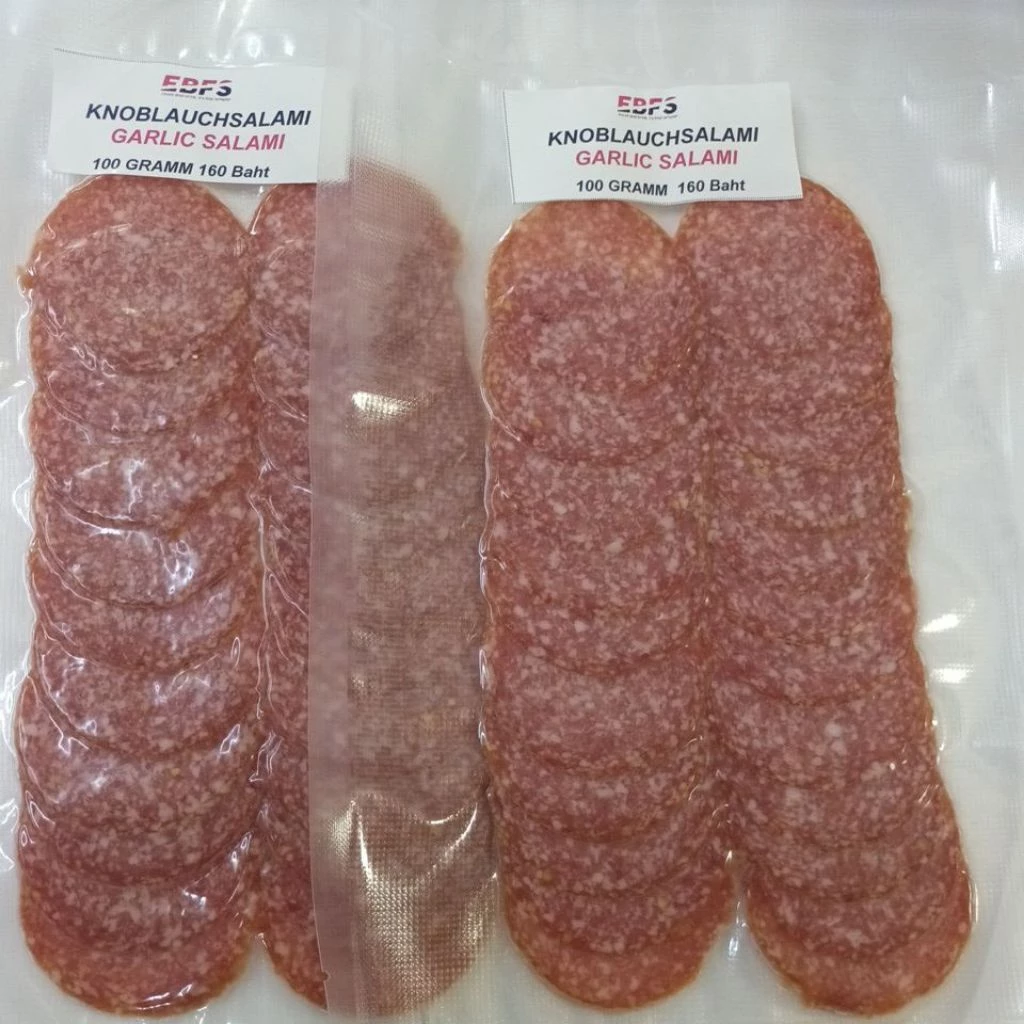 TGM 2 × 100 Gramm Knoblauchsalami / 2 ×100 grams garlic salami /ซาลามี่กระเทียมเนื้อผสมหมู สไลด์ 2x100 กรัม ตราทีจีเอ็ม