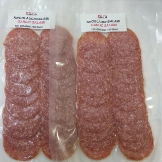 TGM 2 × 100 Gramm Knoblauchsalami / 2 ×100 grams garlic salami /ซาลามี่กระเทียมเนื้อผสมหมู สไลด์ 2x100 กรัม ตราทีจีเอ็ม