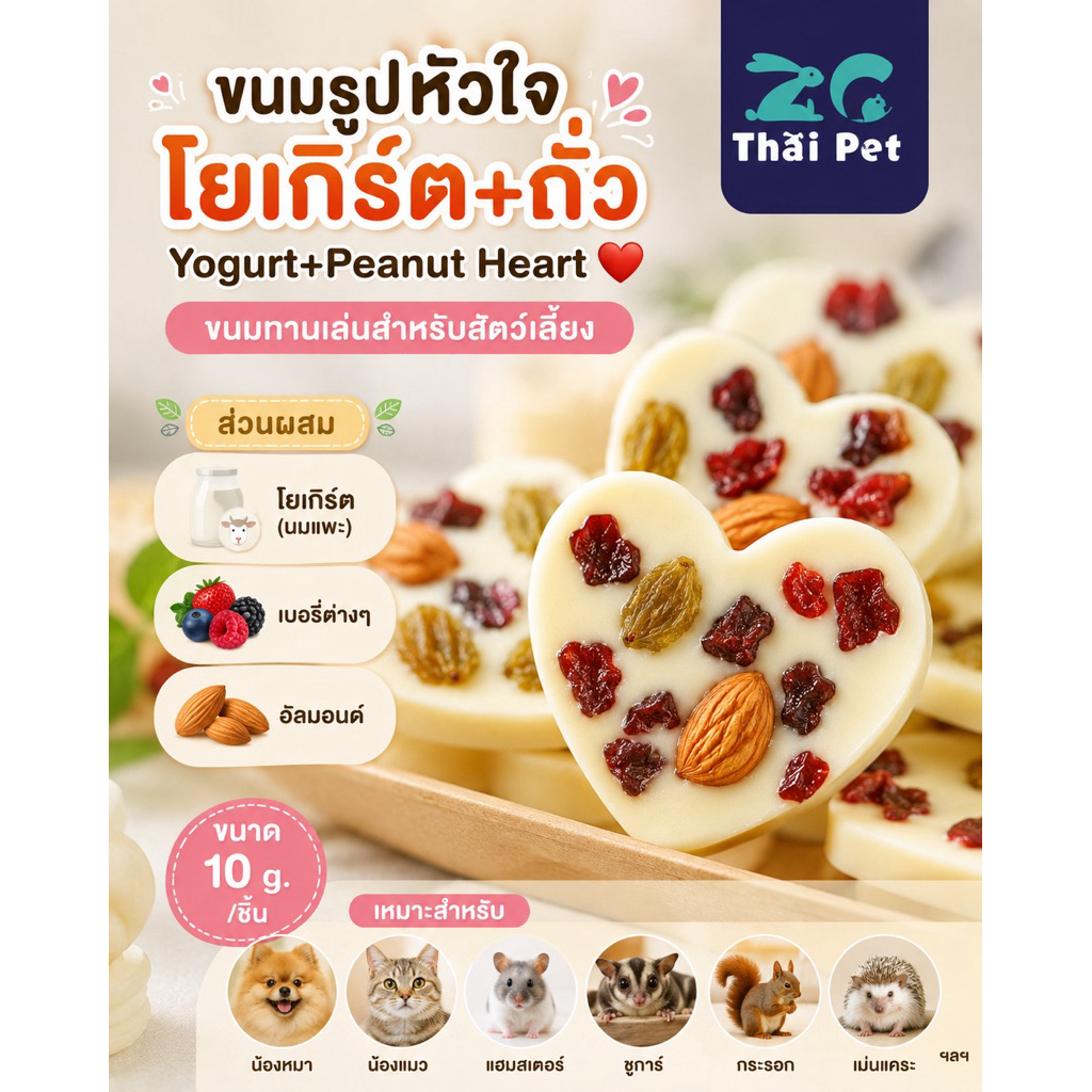 [ZC] โยเกิร์ตถั่วYogurt+Peanut (นมแพะแท้100%)ขนมรูปหัวใจ ขนมทานเล่นสำหรับสัตว์เลี้ยง ขนาด 10 g./ชิ้น