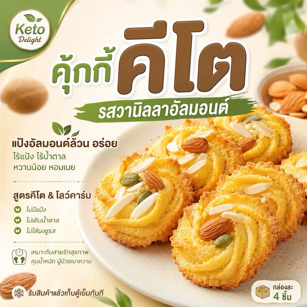 KETO คุ้กกี้คีโต รสวานิลลาอัลมอนต์ ไร้แป้ง ไร้น้ำตาล หวานน้อย หอมเนย