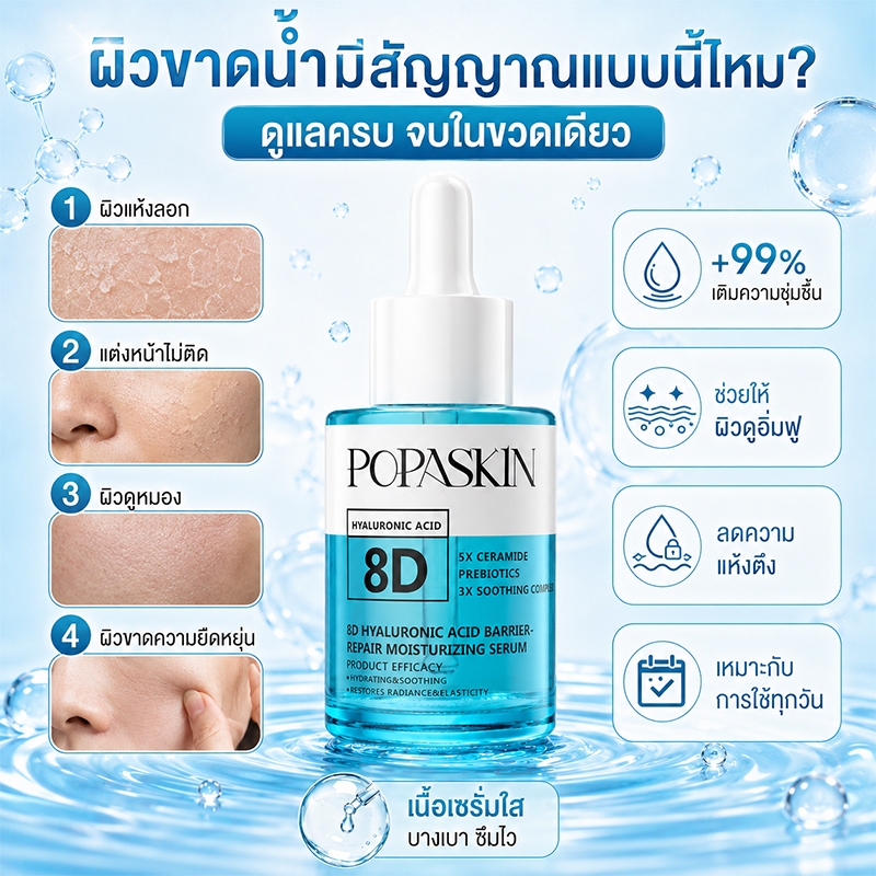 POPASKIN 8D Hyaluronic Acid + Probiotics Hydrating Serum เซรั่มหน้าใส เซรั่มเติมน้ำให้ผิว ผิวอิ่มน้ำ ชุ่มชื้นยาวนาน 30ML — صورة 3