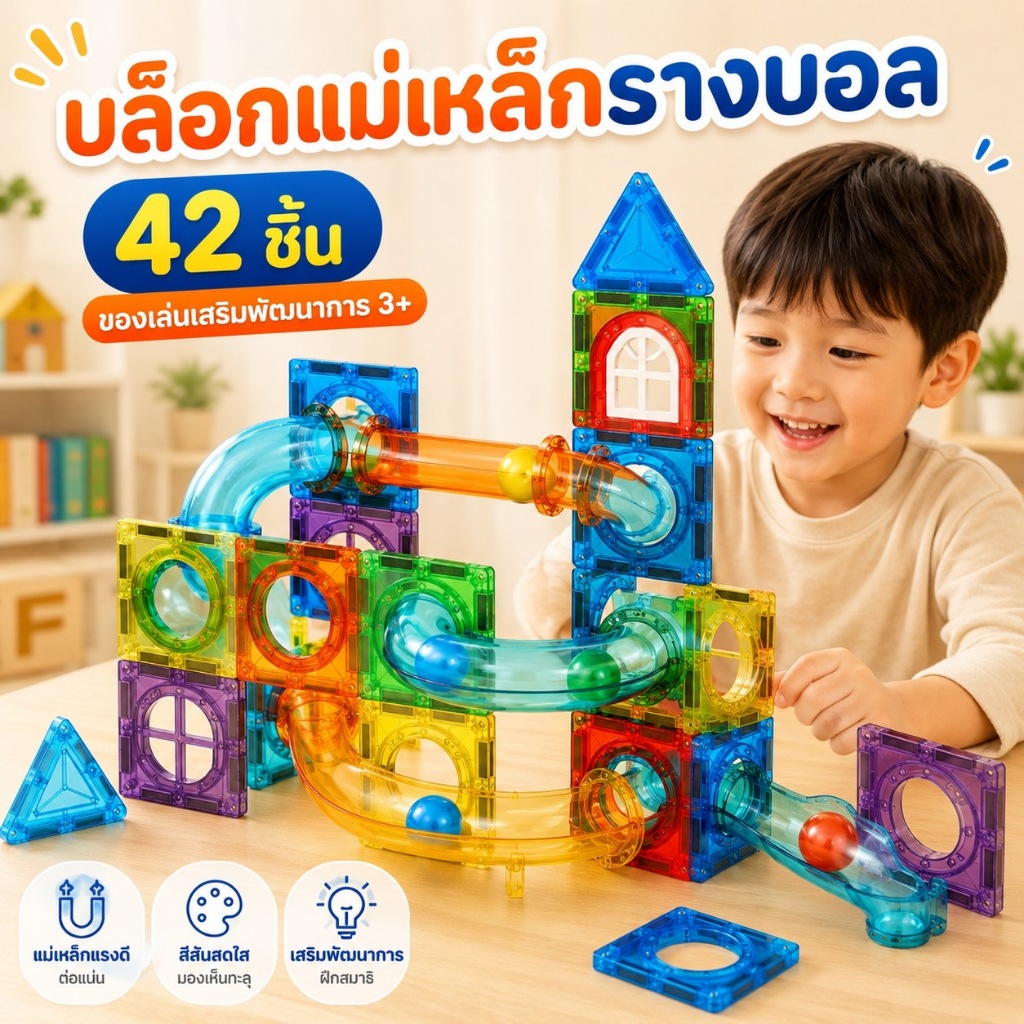 KiKi Magnetic Tiles รางบอล 42 ชิ้น บล็อกตัวต่อแม่เหล็ก 3D ของเล่นเสริมทักษะ STEM สำหรับเด็ก 3+