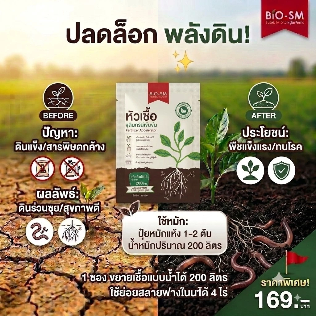 จุลินทรีย์ Biosm ใช้ฟื้นฟูดิน ทำปุ๋ยหมักในซองเดียว ใช้ปรับปรุงบำรุงดิน ย่อยสลายวัสดุอินทรีย์ ขนาด 100 กรัม