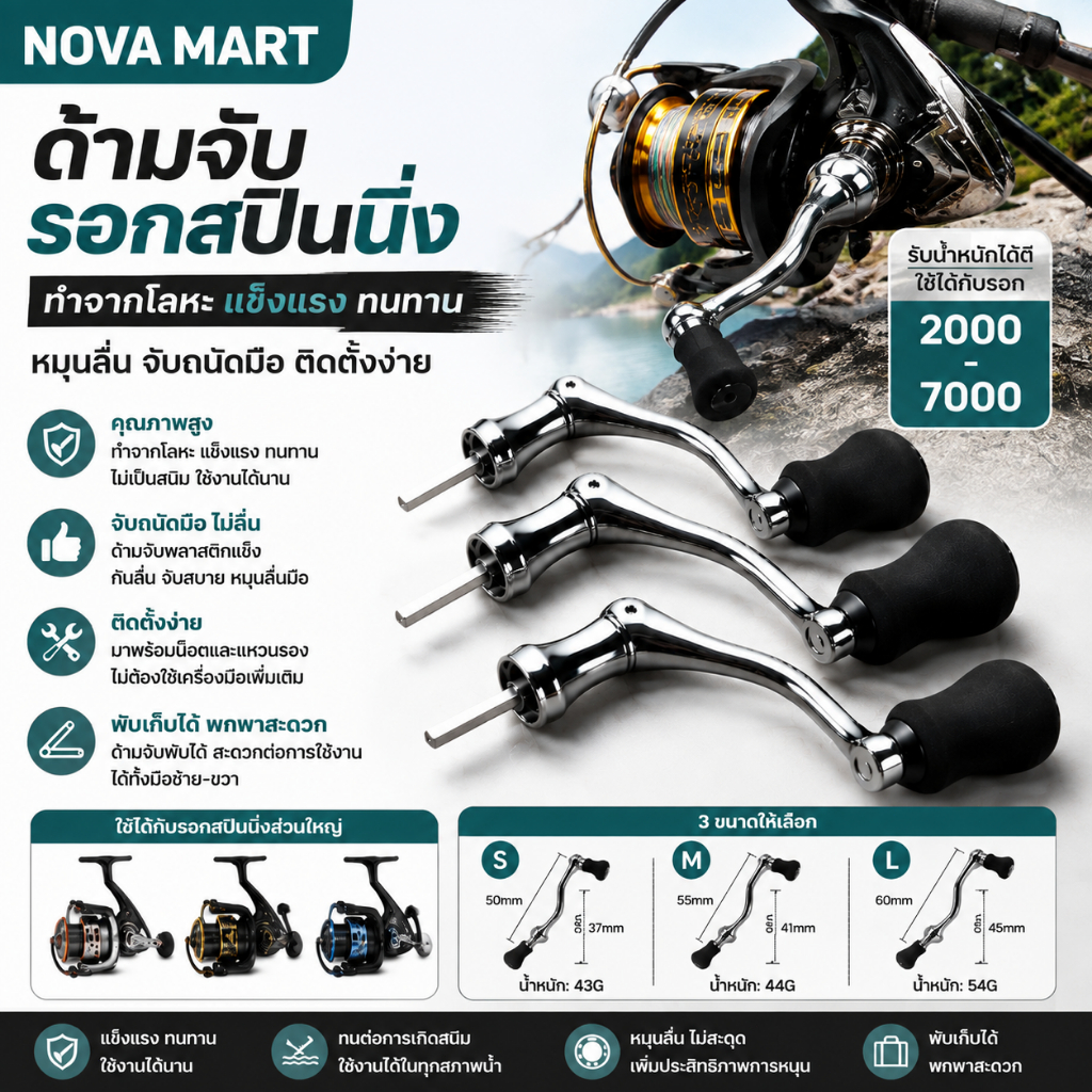 NOVA Mart ด้ามจับรอกสปินนิ่ง ทำจากโลหะ ด้ามจับหมุนได้ มีในสต็อก ใช้ได้กับรอก 2000-7000 อะไหล่รอกตกปลา