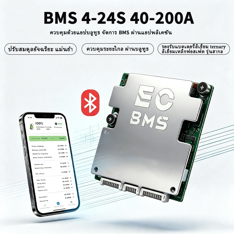 EC BMS 3‑24S 40‑200A บาลานซ์อัจฉริยะ ควบคุมบลูทูธ ปกป้องครบ ส่งจากคลังกรุงเทพ ของแท้100% รองรับLi‑io