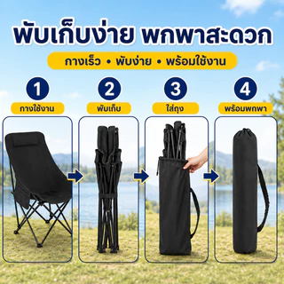 【ซื้อ 1 แถม 1】เก้าอี้แคมป์ปิ้ง พับได้ พนักพิงสูง ผ้า Oxford 600D เก้าอี้สนามพกพา พร้อมถุงเก็บ รับน้ำหนัก 300 กก.