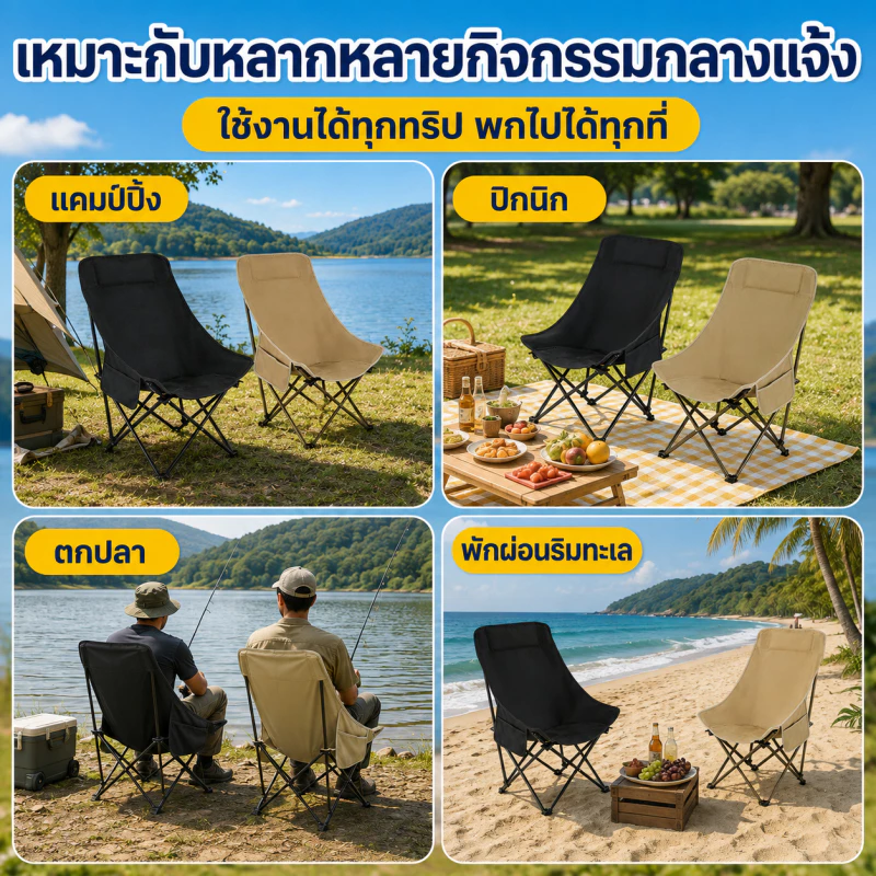 【ซื้อ 1 แถม 1】เก้าอี้แคมป์ปิ้ง พับได้ พนักพิงสูง ผ้า Oxford 600D เก้าอี้สนามพกพา พร้อมถุงเก็บ รับน้ำหนัก 300 กก. thumbnail 10