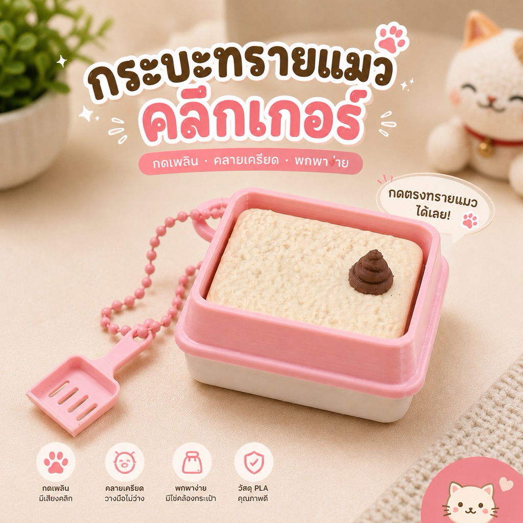 [พร้อมส่ง] กระบะทรายแมวจิ๋ว Clicker พวงกุญแจ | ของเล่นกดคลิก Fidget Toy พร้อมที่ตักจิ๋ว