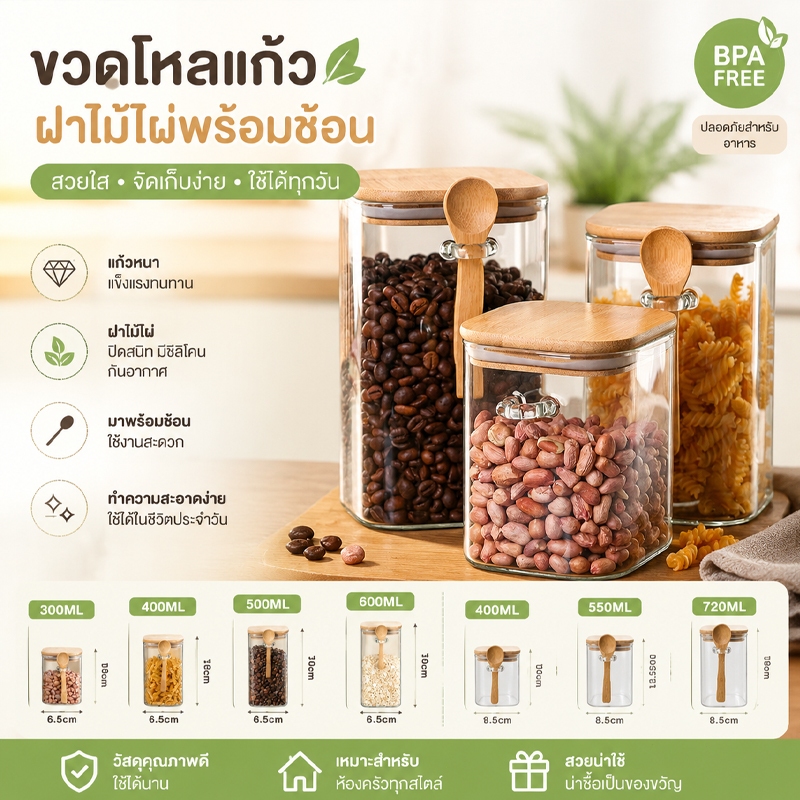 โหลแก้วสูญญากาศ ขวดโหลเก็บอาหารแห้ง ชา ขนม เครื่องปรุงรส กล่องใส่อาหาร แถมช้อนไม้ฟรี