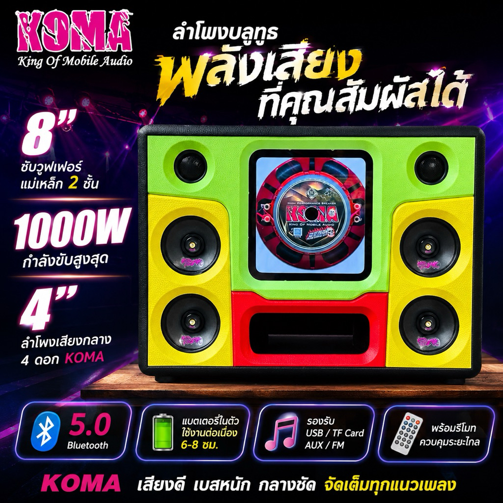 ลำโพงบลูทูธ DIY 8 แม่เหล็ก 2ชั้น koma 1000w
