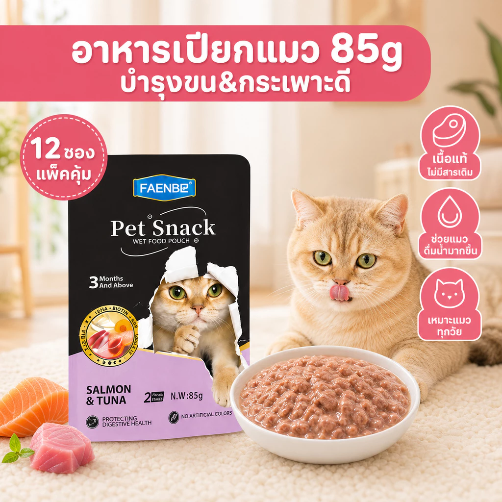 12/8 ซอง อาหารเปียกแมวเนื้อสด แพ็คละ 85 กรัม มี 5 รสชาติ บำรุงขน เติมน้ำ สำหรับลูกแมวและแมวโตทุกวัย