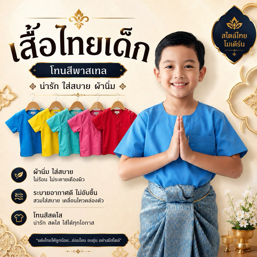 ชุดไทยเด็กชาย เสื้อคอกลมกระดุมบ่า โทนสีสุภาพ โทนสีสดใส (สำหรับเด็กๆ) มีมากกว่า 20 สี