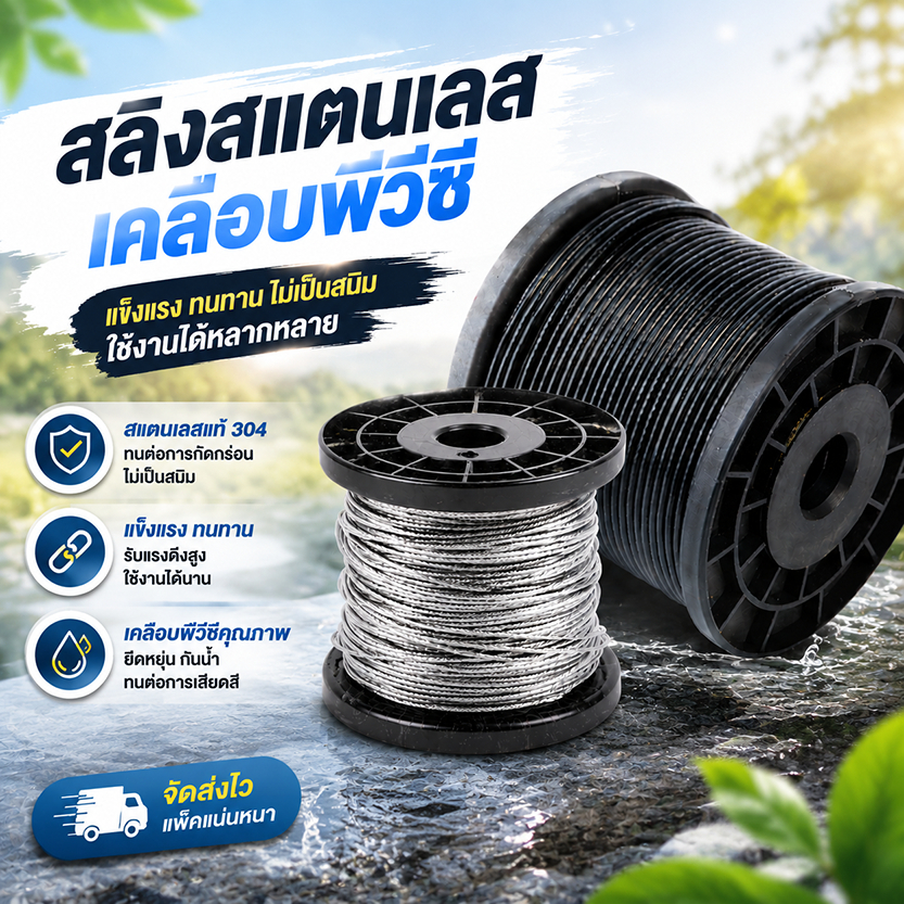 สลิงสแตนเลสเคลือบพีวีซี ใสและเคลือบดำ ความยาว 100 เมตร มีหลายขนาดให้เลือก เหมาะสำหรับตากผ้าและรั้วสวน