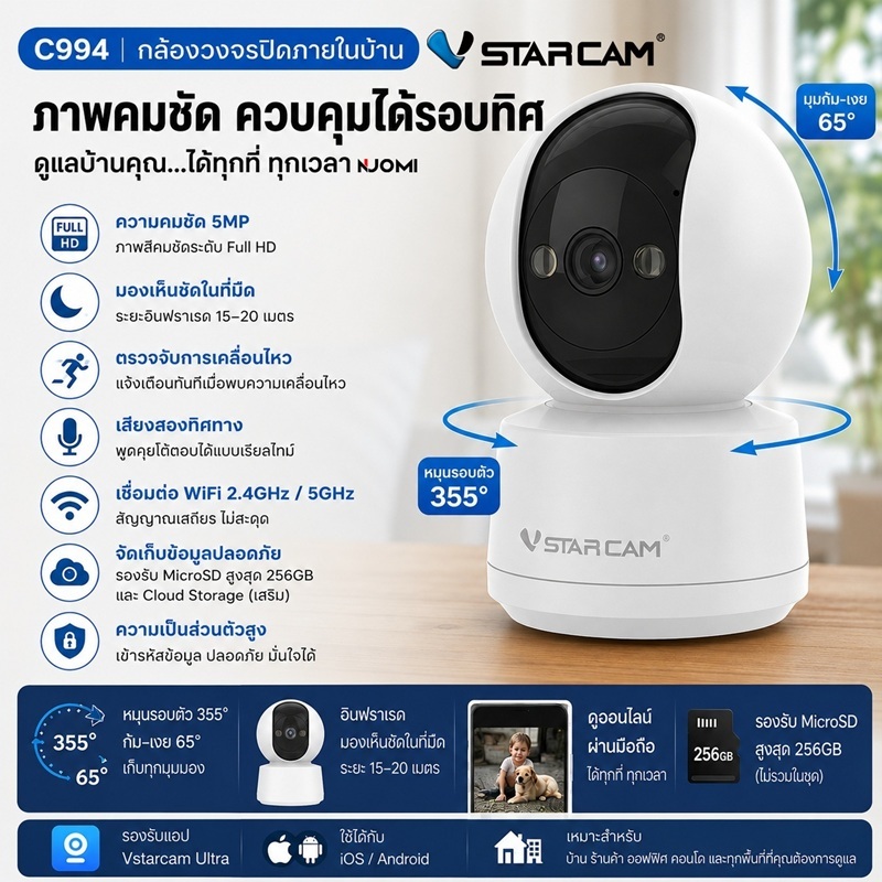 Vstarcam C994 กล้องวงจรปิดไร้สาย ความละเอียด 5MP รองรับ Wifi 5Ghz พูดคุยโต้ตอบได้ มุมมองกว้าง