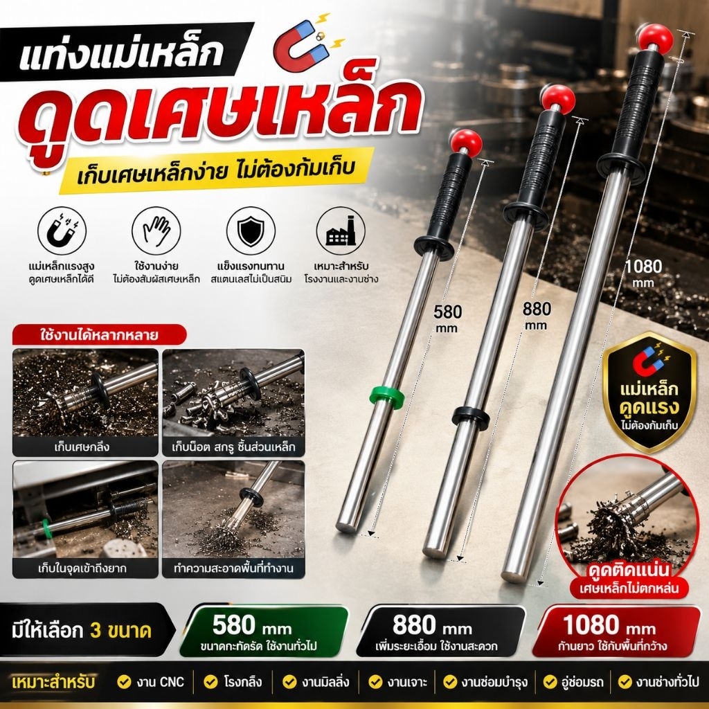 แท่งแม่เหล็กดูดเศษเหล็ก Magnetic Pickup Rod ด้ามจับ เก็บเศษเหล็ก เศษโลหะ