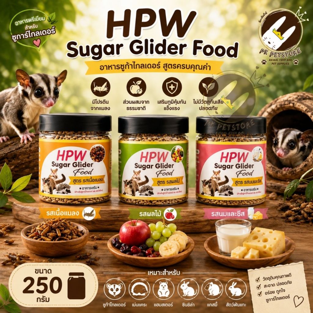 HPW Sugar food อาหารเม็ด มี3รสให้เลือก ขนาด250กรัม อาหารเม็ดสำเร็จรูป อาหารชูก้าร์ไกลเดอร์ กระรอก เเฮมสเตอร์