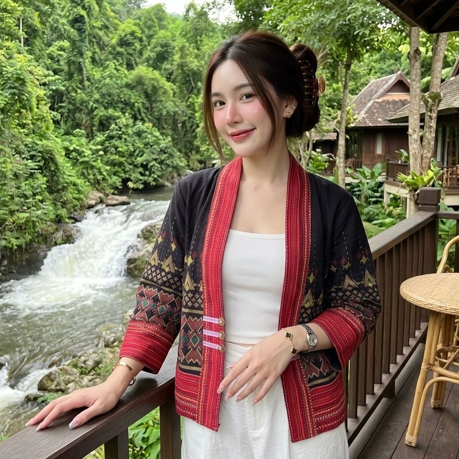 JAINOI - เสื้อคลุมแขนยาวผ้าไทย แต่งแถบผ้าทอสีแดง ใส่คลุมร้อนคลุมหนาว ผ้าฝ้ายพิมพ์ลาย ทรงสวยใส่สบายค่ะ