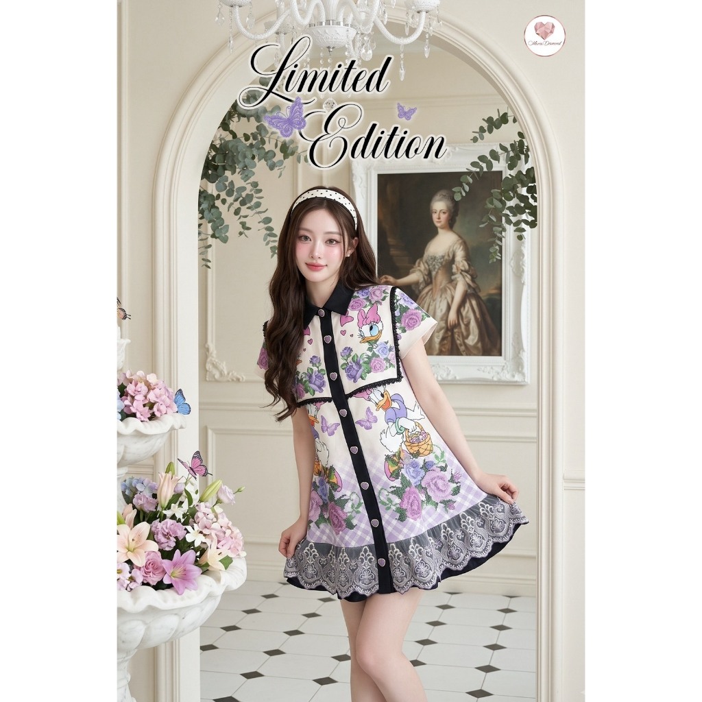 (Limited มีถึง2XL) สีครีมม่วง Purple Duck Dress เดรสทรงปล่อยผ้าไหมเกาหลีพิมพ์ลาย ปกใหญ่หน้าหลัง กระดุมหน้า