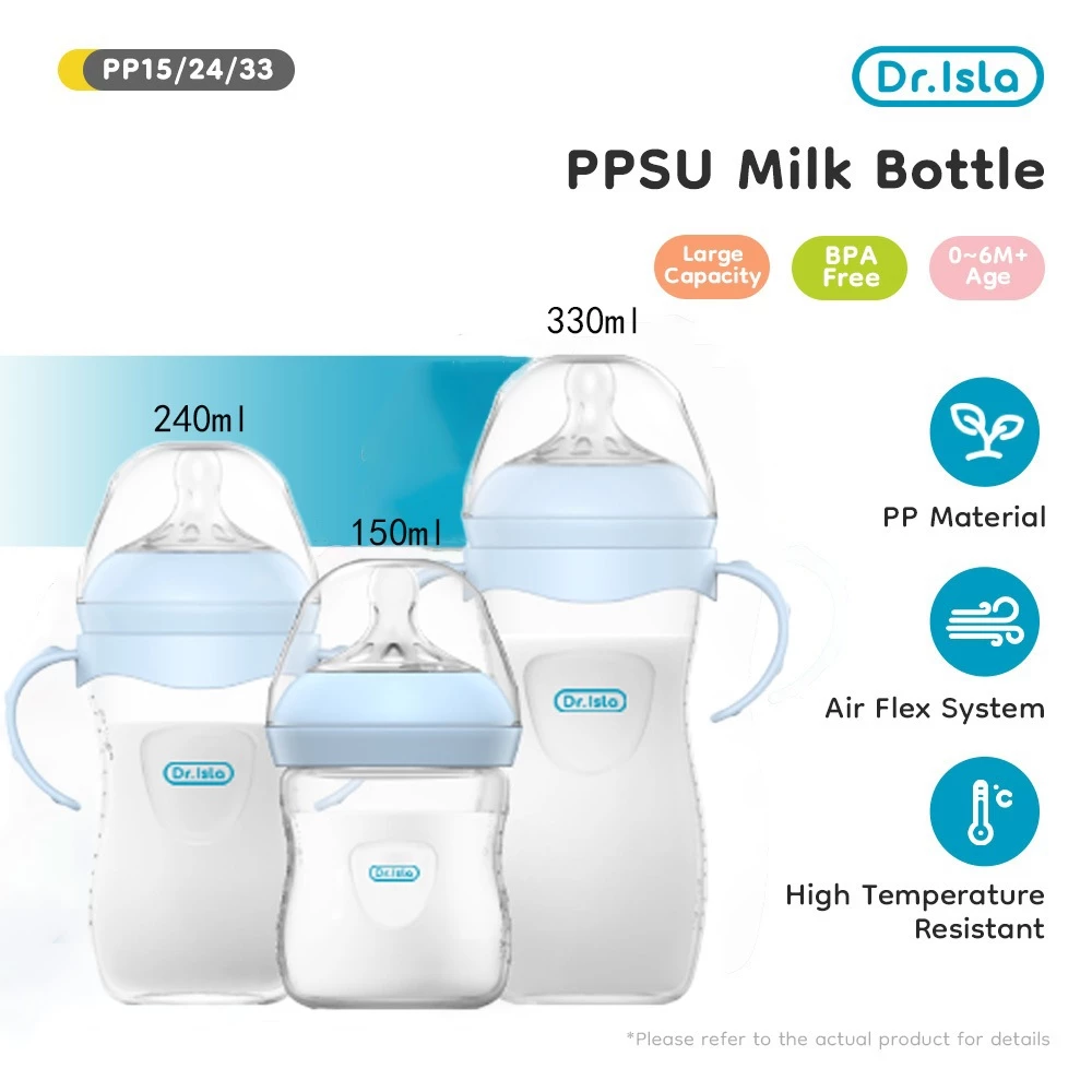 Dr.isla ขวดนม PP15/PP24/PP33 ปากกว้าง55mm กันลมในท้อง จับถนัด ทนทาน ไร้BPA/BPS 3ขนาด pp15