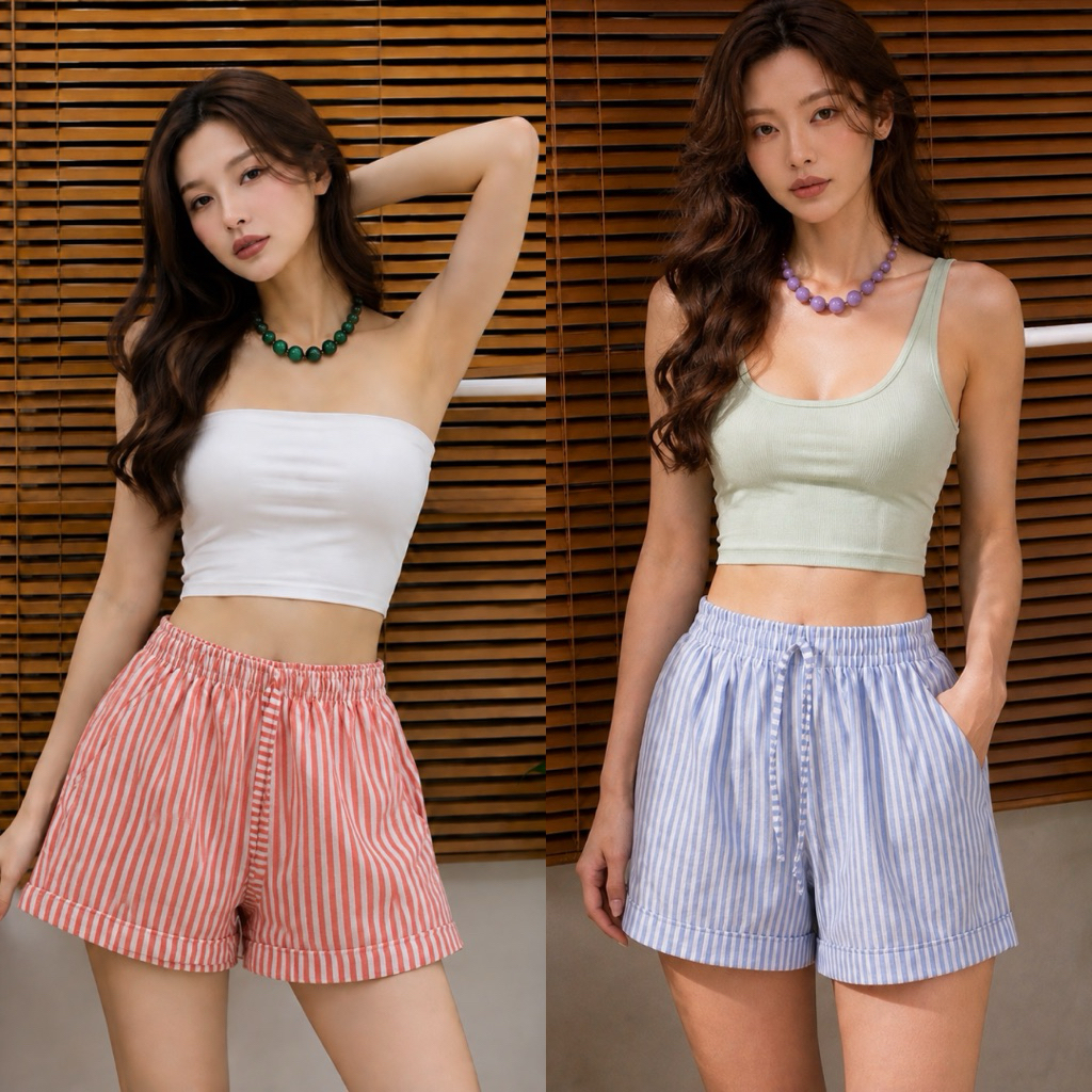 MKW005 กางเกงขาสั้นลายทาง ผ้า COTTON