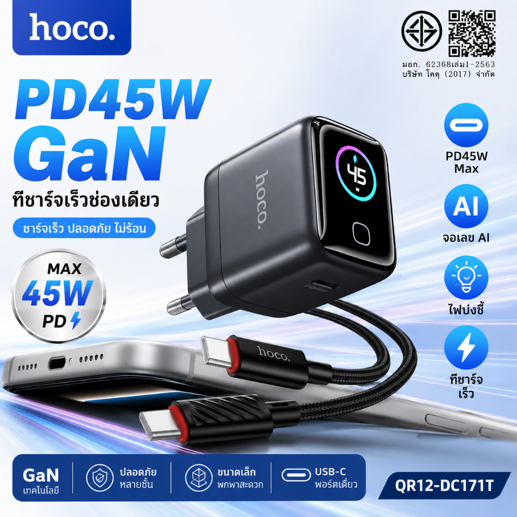 HOCO QR12-DC171T หัวชาร์จ GaN PD 45W USB-C ชาร์จเร็ว พร้อมจอแสดงผลดิจิทัล AI รองรับ PD QC