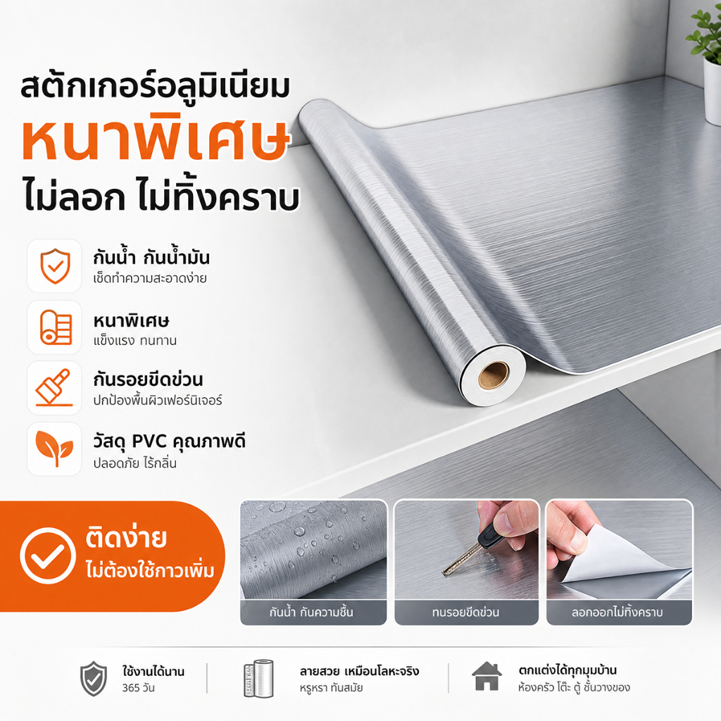 สติ๊กเกอร์สแตนเลส สติกเกอร์ฟิล์มโลหะสแตนเลส อะลูมิเนียมฟอยล์ เหมาะสำหรับติดผนังห้องครัว ตู้เย็น และส่วนอื่นๆ ภายในบ้าน