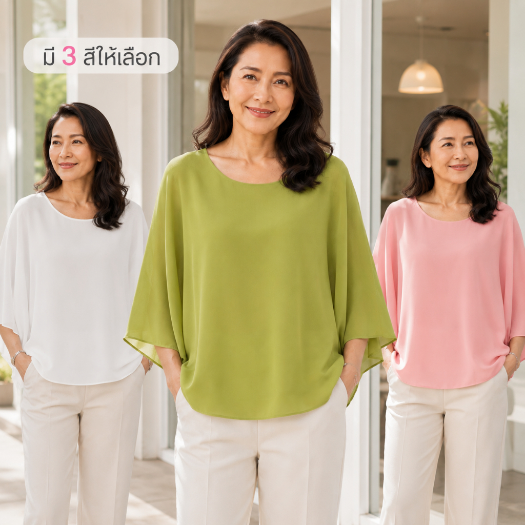 【พร้อมส่ง】เสื้อชีฟองผู้หญิง คอกลม แขนกว้าง ทรงหลวม พรางหุ่นเลิศ ผ้าพลิ้วทิ้งตัวสวย สไตล์ผู้ใหญ่ เรียบหรู S-3XL