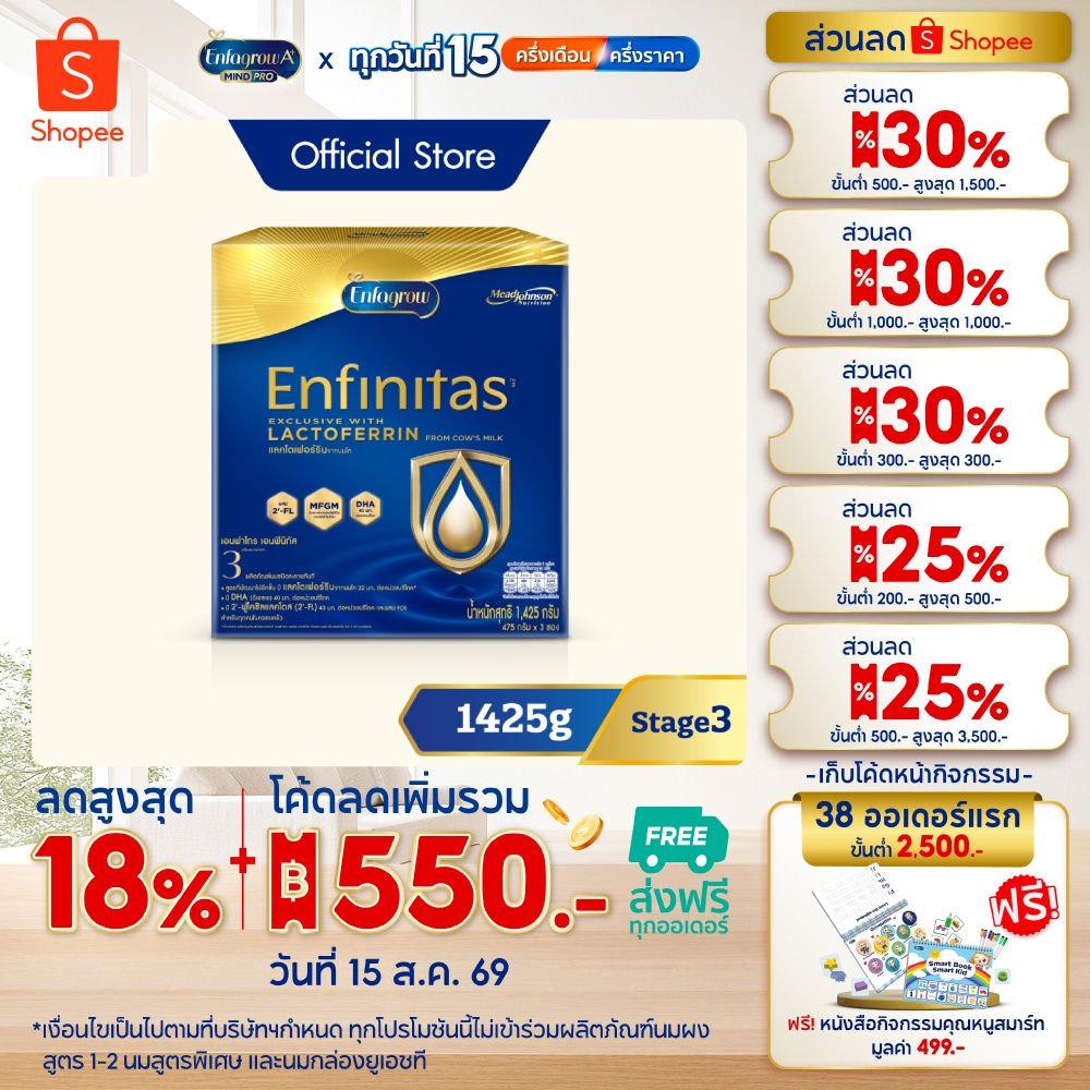 นมผง เอนฟาโกร เอนฟินิทัส สูตร3 (1425 กรัม) Enfagrow Enfinita