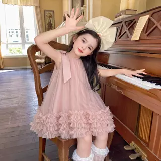 PRINCESS KESLI 1-9 ปี เดรสเด็กผู้หญิง ชุดเดรสแขนกุดเด็กผู้หญิง ตกแต่งโบว์ สำหรับไปงานวันเกิด/ปาร์ตี้