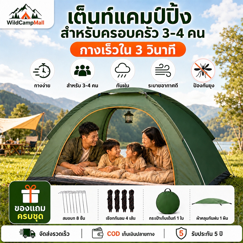 เต็นท์แคมป์ปิ้ง เต็นท์ เต็นท์ครอบครัว กางอัตโนมัติพับได้ ขนาดใหญ่ สำหรับ 2-3 คน กันแดดกันน้ำ พกพาง่าย จัดเก็บสะดวก