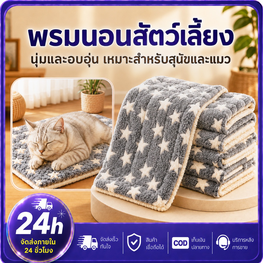 PETWELL พรมนอนสัตว์เลี้ยง เบาะนอนแมวและสุนัข ขนนุ่ม อบอุ่น ซักทำความสะอาดได้ ผ้าฟลานเนล ซับในขนแกะ