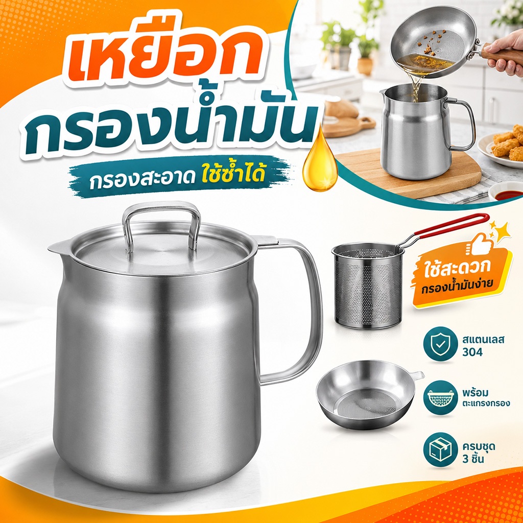 ภาชนะเก็บน้ำมันสเตนเลส 304 พร้อมตะแกรงทอดและที่กรอง Grease Container with Strainer & Fry Basket สำหรับ Kitchen Oil Stora