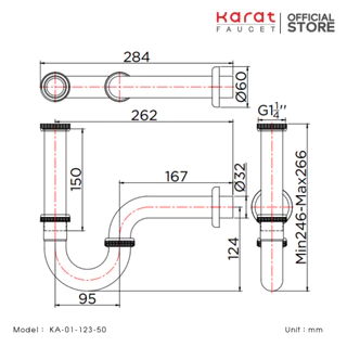 Karat Faucet ท่อน้ำทิ้งแบบ P-Trap แนวนอน 26 ซม. แนวตั้ง 23 ซม. สีโครม (สแตนเลส 201) รุ่น KA-01-123-50