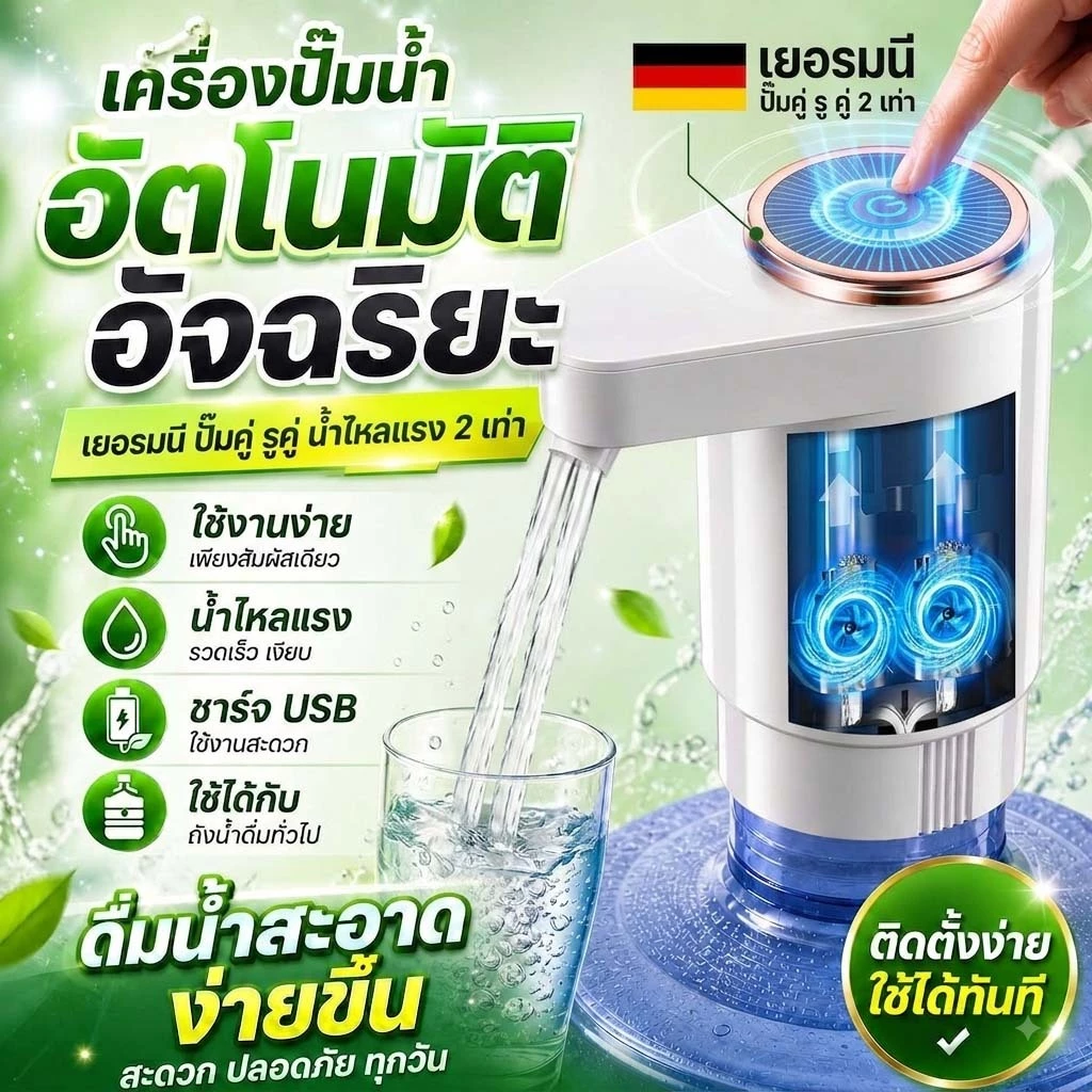 ที่ปั๊มน้ำ ที่ปั๊มน้ำดื่มไฟฟ้า อัตโนมัติ ชาร์จ USB แบต 1200mAh ที่ดูดน้ำจากถัง หัวปั๊มน้ำ พกพาสะดวก ใช้งานง่าย