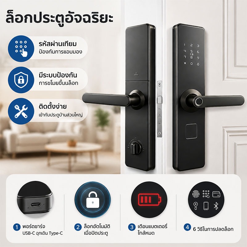 🔥สินค้าขายดี🔥Digital Door Lock TUYA APP ล็อคลายนิ้วมืออัจฉริยะ สแกนลายนิ้วมือ บัตร IC รหัสผ่าน กุญแจ