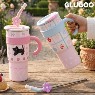 GLUGOO แก้วเก็บความเย็น แก้วน้ํา แก้วสแตนเลส แก้วทนความร้อนมีหูจับ ดีไซน์การ์ตูนน่ารัก 700/1200ml