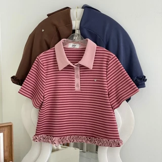 SISSY : เสื้อแขนสั้นคอปก(XS-XXL) แต่งระบาย ปักอะไหล่หัวใจ กระดุมหน้า ผ้านุ่มลื่น ใส่สบายผิว ระบายอากาศได้ดี
