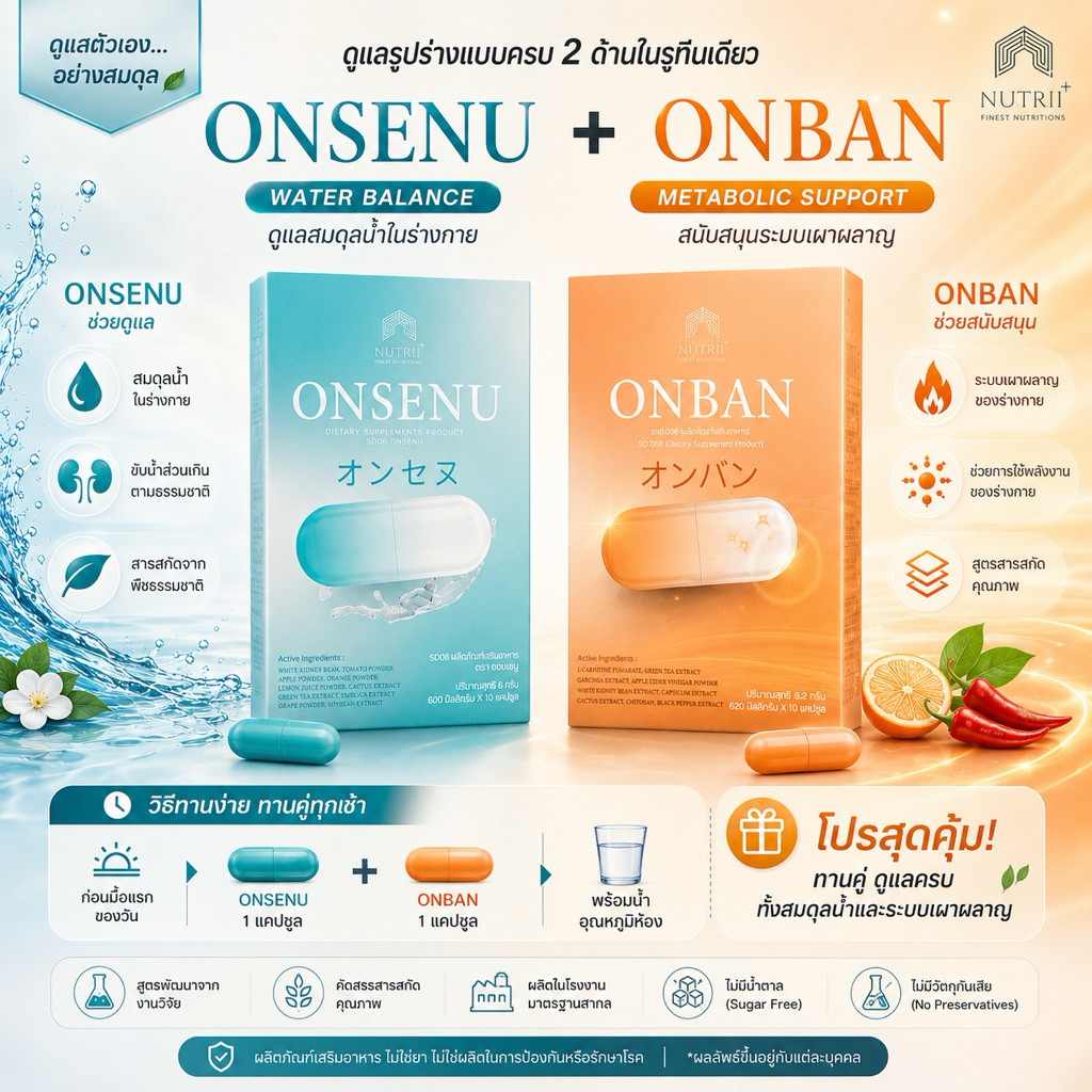 [ส่งฟรี] NUTRIIPLUS ONSENU + ONBAN โปรทดลองทานได้ 10 วัน เซ็ตคู่ดูแลหุ่นครบวงจร ลีนหุ่น เร่งเผาพลาญ