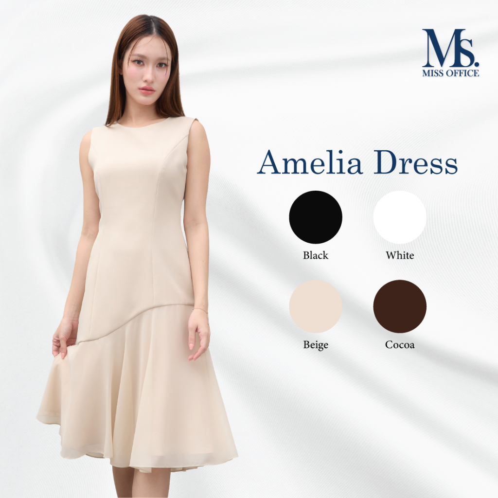 Miss Office เดรสคอกลมแขนกุดแต่งระบายเฉียง (Amelia Dress) (MD-142)