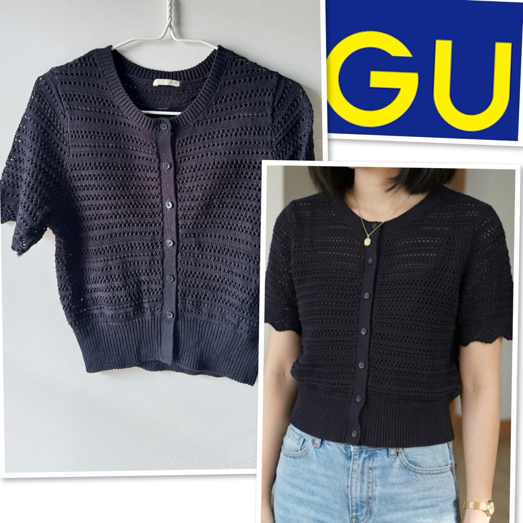 G-009#gu⛔️เสื้อสเวตเตอร์แขนสั้นครอปสั้นผ้าถักนิตติ้ง (Knitwear / Open-knit)สีดำสนิทมือ2❤️สวยๆ กระดุม
