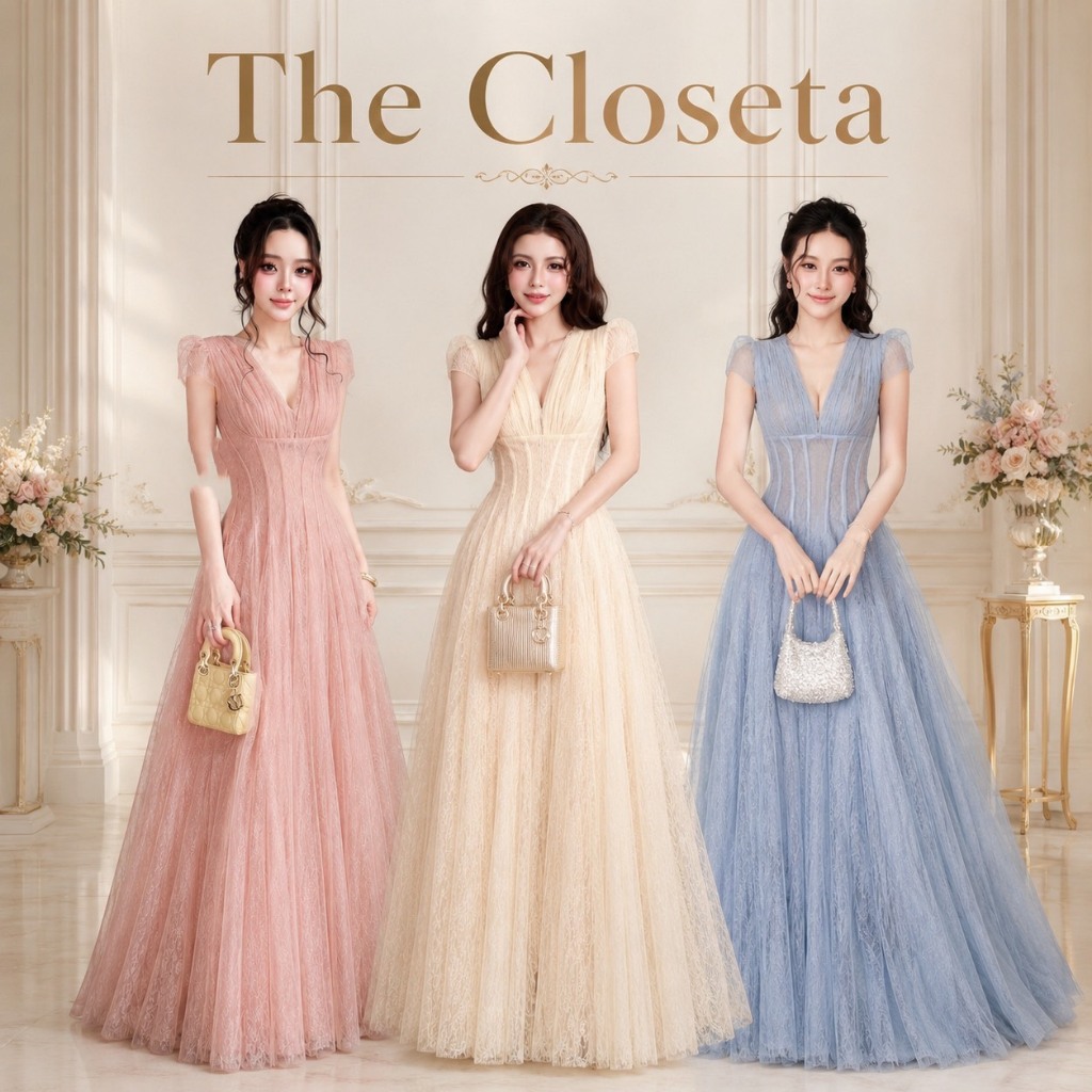 THE CLOSETA : LB659 เดรสยาวดีไซน์โรแมนติก เรียบหรู ดูแพง ใส่ออกงาน ดินเนอร์ โอกาสพิเศษ