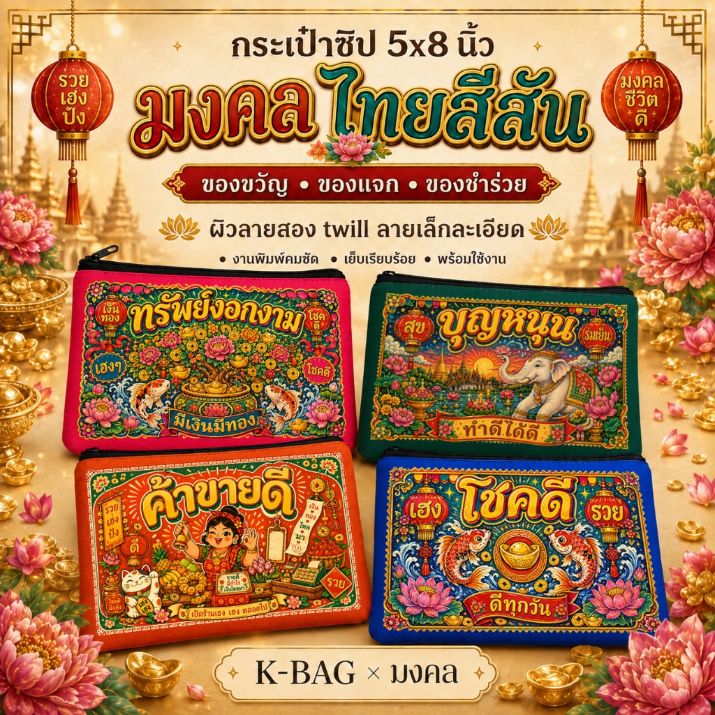 มงคล กระเป๋าซิปลายมงคล ไทยสีสัน ของขวัญ ของแจก ของชำร่วย (5x8นิ้ว)