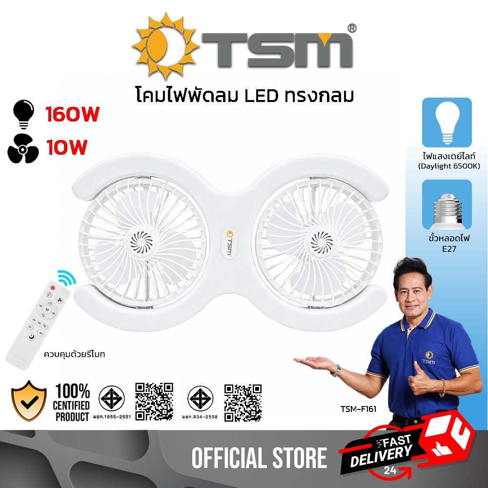 หลอดไฟพัดลมเพดาน ทรงกลม แสงสีขาว LED 160W ขั้วE27 พัดลมเพดาน หลอดไฟ ควบคุมด้วยรีโมท รุ่น TSM-F161