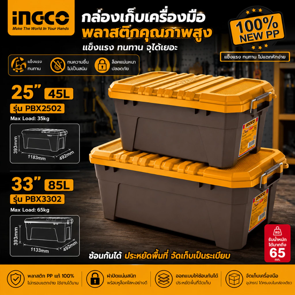 INGCO กล่องเครื่องมือพลาสติก (ตัวล็อกโลหะ / พลาสติก 100% New PP) มีให้เลือก 2 ขนาด รุ่น PBX2502 (25 นิ้ว) รุ่น PBX3302 (