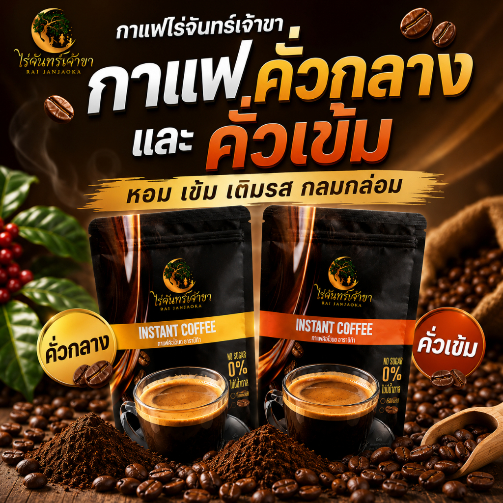 กาแฟไร่จันทร์เจ้าขา ผงกาแฟสกัด อาราบิก้าแท้ 100% ไม่มีน้ำตาล คั่วกลาง/คั่วเข้ม ชงง่าย ละลายไว (ขนาด 100g)