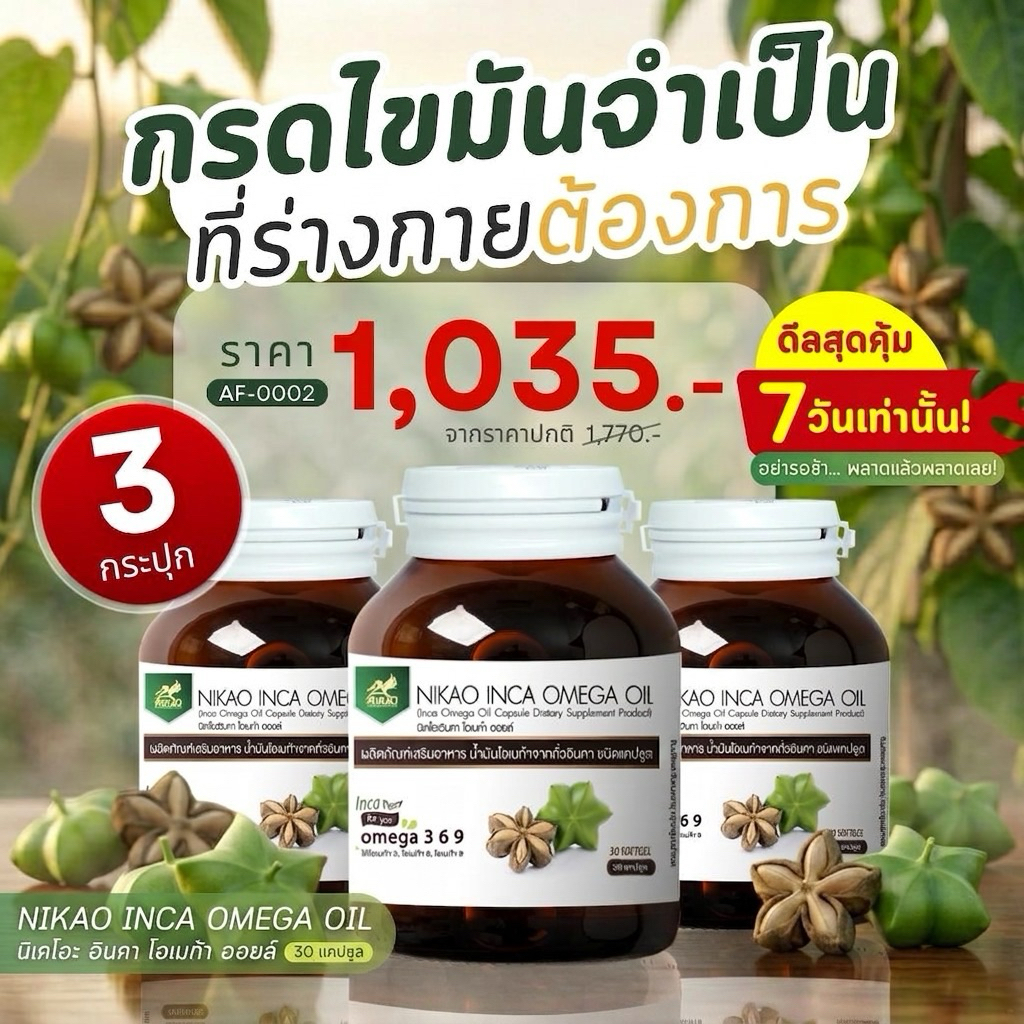 โอเมก้า 3 จากน้ำมันถั่วดาวอินคาสกัดเย็น นิเคโอะ (NIKAO) เซ็ต 3 ขวด | ผลิตภัณฑ์เสริมอาหารจากพืช