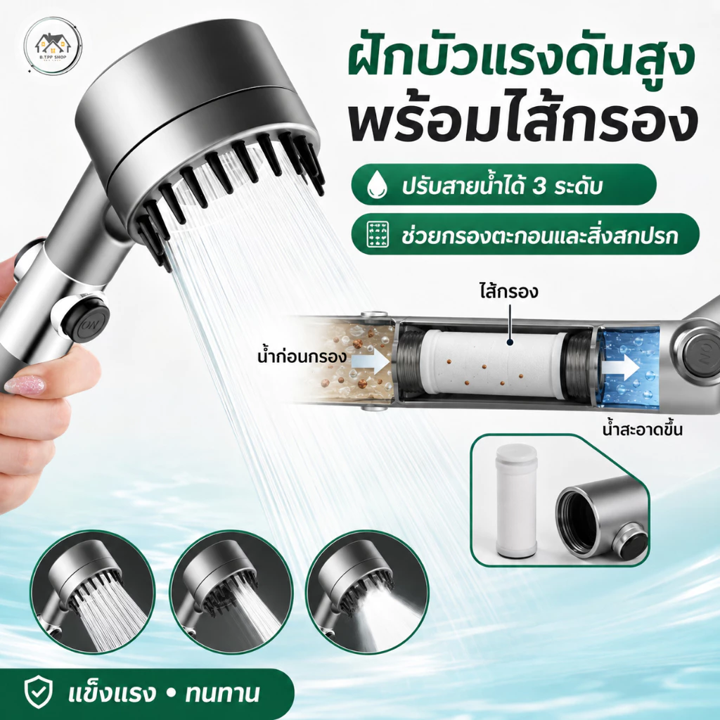 ฝักบัวอาบน้ำ แรงดันน้ำสูง สินค้าปรับได้ 3 ระดับ สินค้าแข็งแรงทนทาน